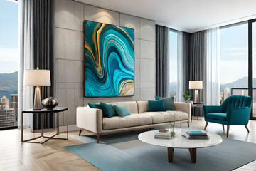 Marble abstract acrylic painting in the interior of the room. Marbling artwork texture.