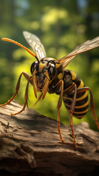 Macro image style, killer wasp close up in its natural habitat highly detailed, 4k, 3d, nature  background.