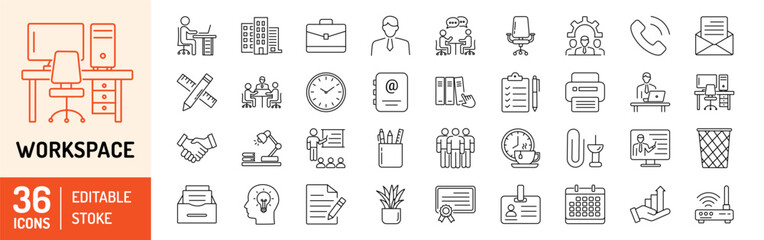 Workspace editable stroke outline Icons set. Office chair, computer, manager, workspace, brainstorm, management and presentation. Vector illustration