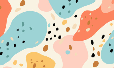 Abstract doodle design terrazo pattern with pastel background in the style of a 1970's handdrawn illustration