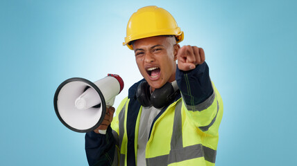 Construction worker, builder or angry man with megaphone in studio for renovation or development....