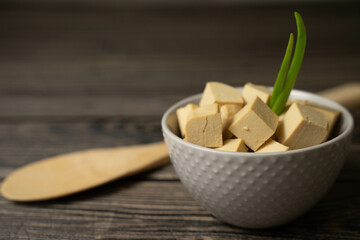 Tofu chopped on tha table