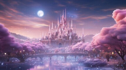 Majestic castle with gleaming spires under radiant moonlight amidst pink-hued clouds. Fantasy kingdom. - obrazy, fototapety, plakaty