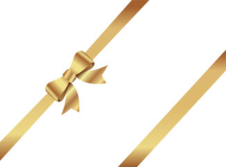 Gold Bow and Ribbon Realistic shiny satin with shadow place on left corner for decorate your wedding invitation card ,greeting card or gift boxes vector