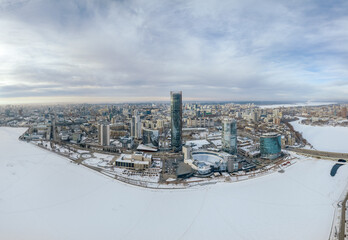 Obraz premium Yekaterinburg aerial panoramic view in Winter at sunset. Ekaterinburg is the fourth largest city in Russia located in the Eurasian continent on the border of Europe and Asia.