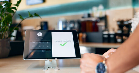 Business, restaurant and tablet for payment by online, internet or network for e commerce, fintech...