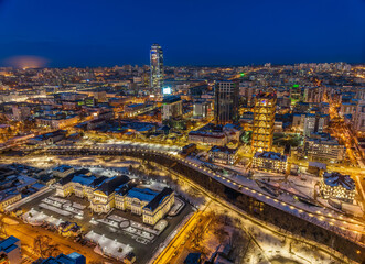 Obraz premium Yekaterinburg aerial panoramic view in Winter at sunset. Ekaterinburg is the fourth largest city in Russia located in the Eurasian continent on the border of Europe and Asia.