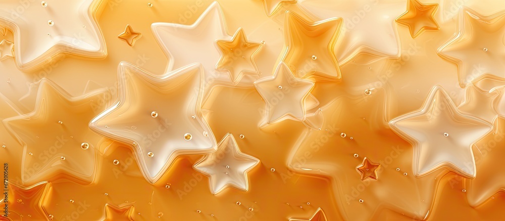 Poster an illustration on an amber background displays a seamless pattern of white liquid soap symbols whic