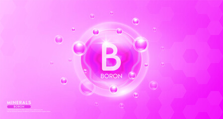 Boron minerals inside pink bubble floating in the air. Vitamins complex essential supplement to the health care. For food  nutrition and medicine. Science medical concept. Banner 3D vector.