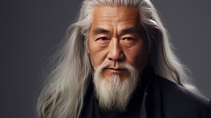 Portrait of an elderly handsome Asian senior man old with gray long hair, on a silver background,...