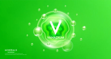 Vanadium minerals inside green bubble floating in the air. Vitamins complex essential supplement to the health care. For food  nutrition and medicine. Science medical concept. Banner 3D vector.