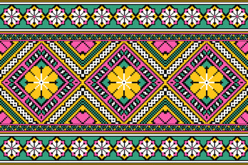 flower embroidery on black background. ikat and cross stitch geometric seamless pattern ethnic oriental traditional. Aztec style illustration design for carpet, wallpaper, clothing, wrapping, batik.