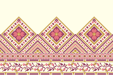 flower embroidery on cream background. ikat and cross stitch geometric seamless pattern ethnic oriental traditional. Aztec style illustration design for carpet, wallpaper, clothing, wrapping, batik.