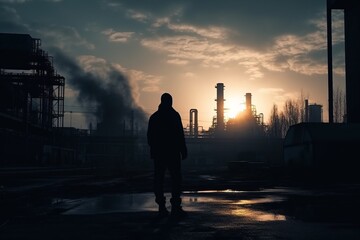 Fototapeta premium Silhouetted figure standing before industrial backdrop with smokestacks against a dramatic sunrise, symbolizing environmental impact.