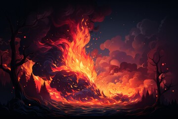 Vivid illustration of a forest fire with dynamic orange and red hues