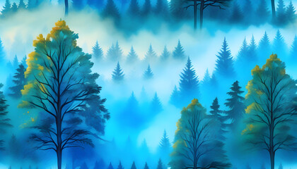 Fototapeta na wymiar Watercolor seamless landscape pattern with blue trees in the fog