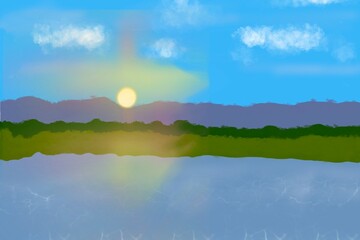landscape, sunrise over the river, illustration