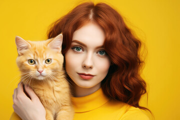 Portrait of a beautiful red-haired young woman and cute orange cat isolated on yellow background