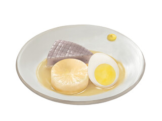 皿に盛られたおでん（卵・大根・こんにゃく）のリアルな水彩イラスト