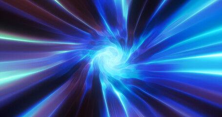 Blue hypertunnel spinning speed space tunnel made of twisted swirling energy magic glowing light lines abstract background