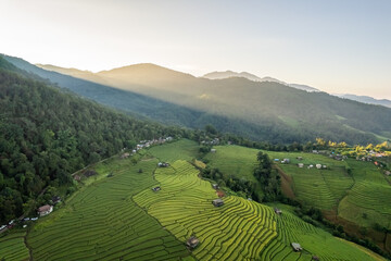 Aerial view of terrace rice field at Ban Pa Bong Piang, Chiang Mai, Thailand