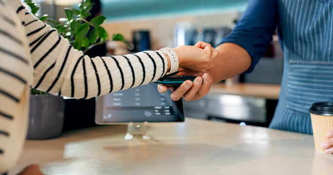 Smart watch, payment or hands of barista in cafe with cashier for shopping, sale or checkout. Fintech machine, customer or closeup of person paying for service, coffee cup or tea bills in restaurant