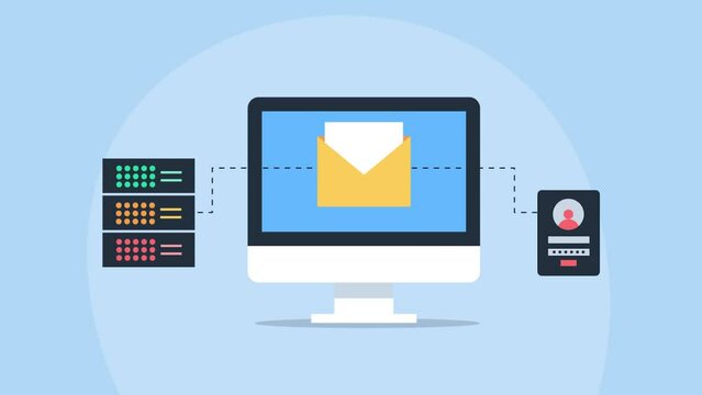 Secure email database encrypted online message, protect privacy information from cyberattack, email data securely stored on server, login access panel, 2d video animation.