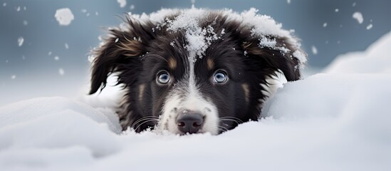 A puppy specifically a border collie playing in the snowy terrain