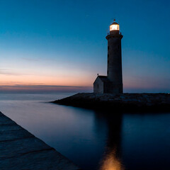 Faro en la oscuridad casi al amanecer con el mar muy tranquilo