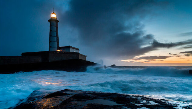 Faro arrojando su luz casi al amanecer con mar agitado
