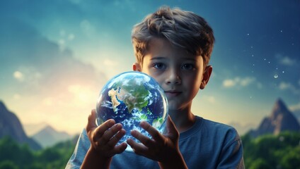 a young boy holding a glass globe in his hands
