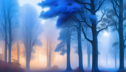 Watercolor seamless landscape pattern with blue trees in the fog