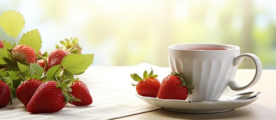 A cup filled with ripe strawberries sits on the breakfast table in the morning