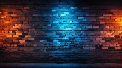 brick wall texture illuminated by the mesmerizing glow of yellow orange and blue neon lights
