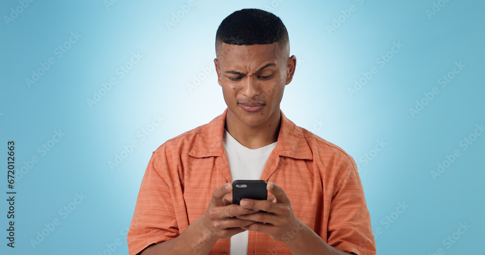 Poster expression, confused and man with a smartphone, typing and connection on a blue background. person, 