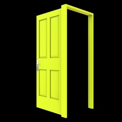 Yellow door Unlocked Gateway against Pure White Isolated Environment