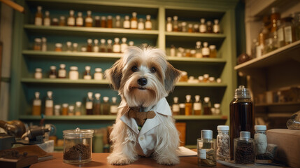 A cat in a doctor's dog sits at the table and prescribes medications at a veterinary pharmacy.