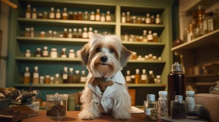  A cat in a doctor's dog sits at the table and prescribes medications at a veterinary pharmacy. © ALA