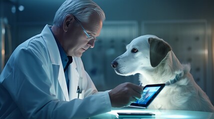An elderly veterinarian with gray hair looks at a tablet and a ginger dog sits on the table in the clinic.