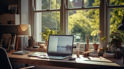 Details in home office with morning window, office office with nature, working close to nature