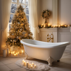 Bathroom interior with Christmas decorations. Bath near window with Christmas tree and candles. A...