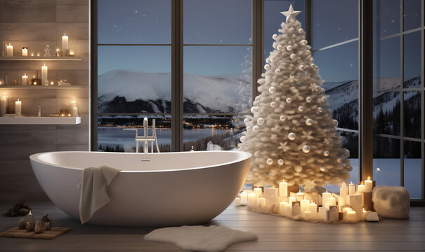 Luxury bathroom interior with Christmas decorations. Bath near window with Christmas tree and candles. A romantic setting for a date, relax time, celebrating Christmas or New Year with mountains view
