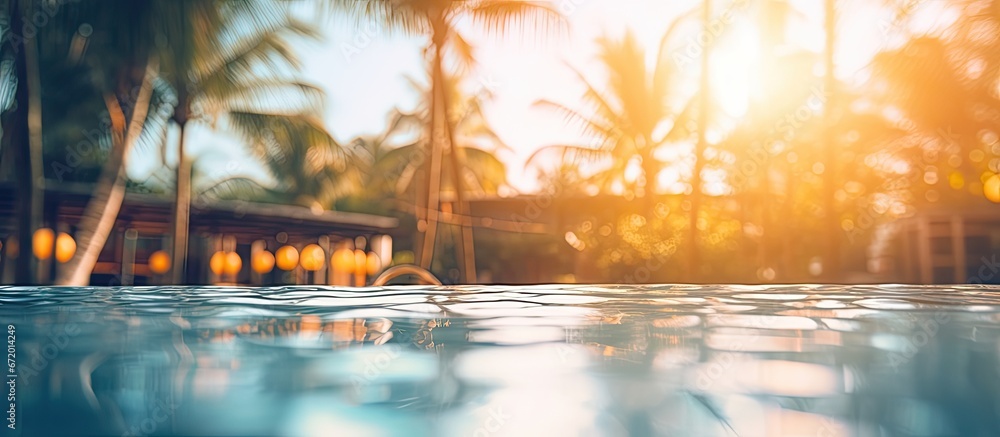 Poster luxurious resort with a defocused abstract image of a swimming pool as a background