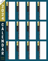 2024 Calendar premium wall or desk printable with day planner sticky note column. Nice midnight green color background. Vector productivity tools for corporate use.