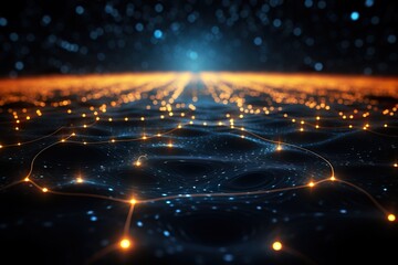 science fiction background of glowing particles with depth of field and bokeh. Particles form line and abstract surface grid