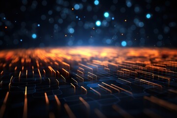 Obraz premium science fiction background of glowing particles with depth of field and bokeh. Particles form line and abstract surface grid