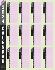 2024 Calendar premium wall or desk printable with day planner sticky note column. Nice pink color background. Use as productivity tools. Unique corporate vector notes planner template.