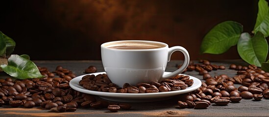 A white background hosts a cup and saucer with coffee beans nearby