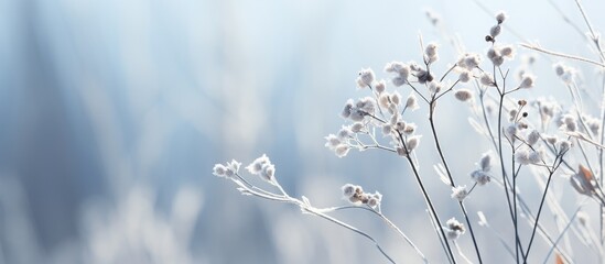 During winter you can see dried plant twigs adorned with a pristine layer of new white frost set against the snowy backdrop - Powered by Adobe