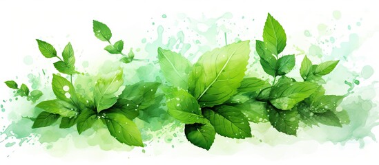 An isolated watercolor illustration of mint leaves on a splash background - obrazy, fototapety, plakaty